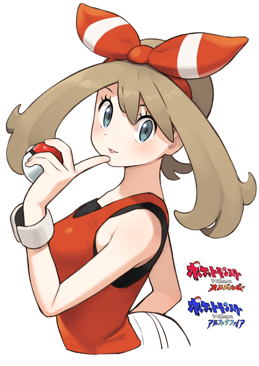 1girl bangs black_undershirt blue_eyes blush bow brown_hair copyright_name cropped_torso fanny_pack hair_bow hand_up highres holding holding_poke_ball index_finger_raised long_hair looking_at_viewer may_(pokemon) omaru_gyuunyuu parted_lips poke_ball poke_ball_(basic) pokemon pokemon_(game) pokemon_oras red_bow red_tank_top simple_background solo striped striped_bow tank_top undershirt upper_body white_background wristband