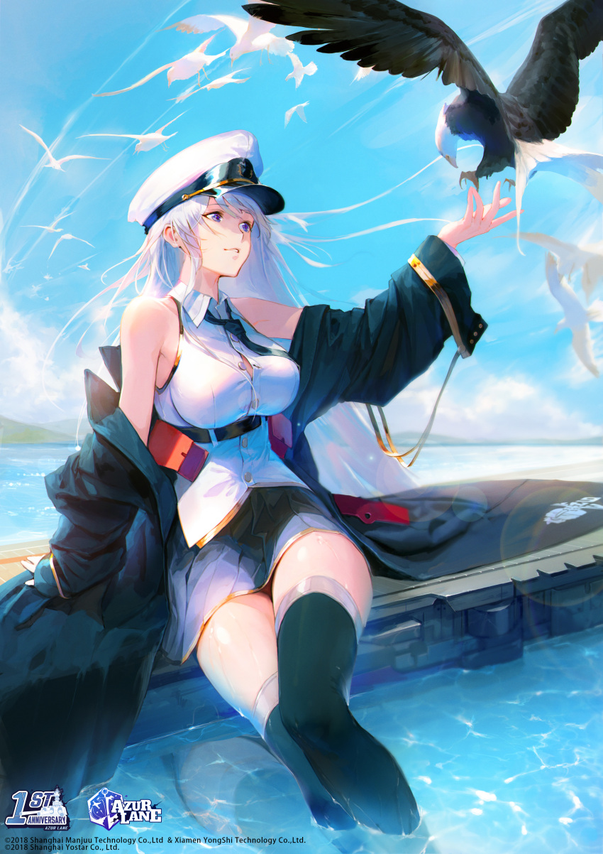 1girl absurdres anniversary arm_up azur_lane bald_eagle bangs bare_shoulders belt bird black_belt black_coat black_legwear black_neckwear black_skirt blue_eyes blue_sky breasts button_gap cloud coat collarbone collared_shirt commentary_request copyright_name cowboy_shot day eagle enterprise_(azur_lane) eyebrows_visible_through_hair flight_deck gold_trim hair_between_eyes hat highres large_breasts long_hair looking_at_animal loose_necktie matsuo_shogo military_hat miniskirt necktie off_shoulder official_art open_clothes open_coat outdoors parted_lips peaked_cap pleated_skirt reflective_water shirt sidelocks sitting skindentation skirt sky sleeveless sleeveless_shirt soaking_feet solo_focus thighhighs underbust very_long_hair white_hair white_headwear white_legwear white_shirt zettai_ryouiki