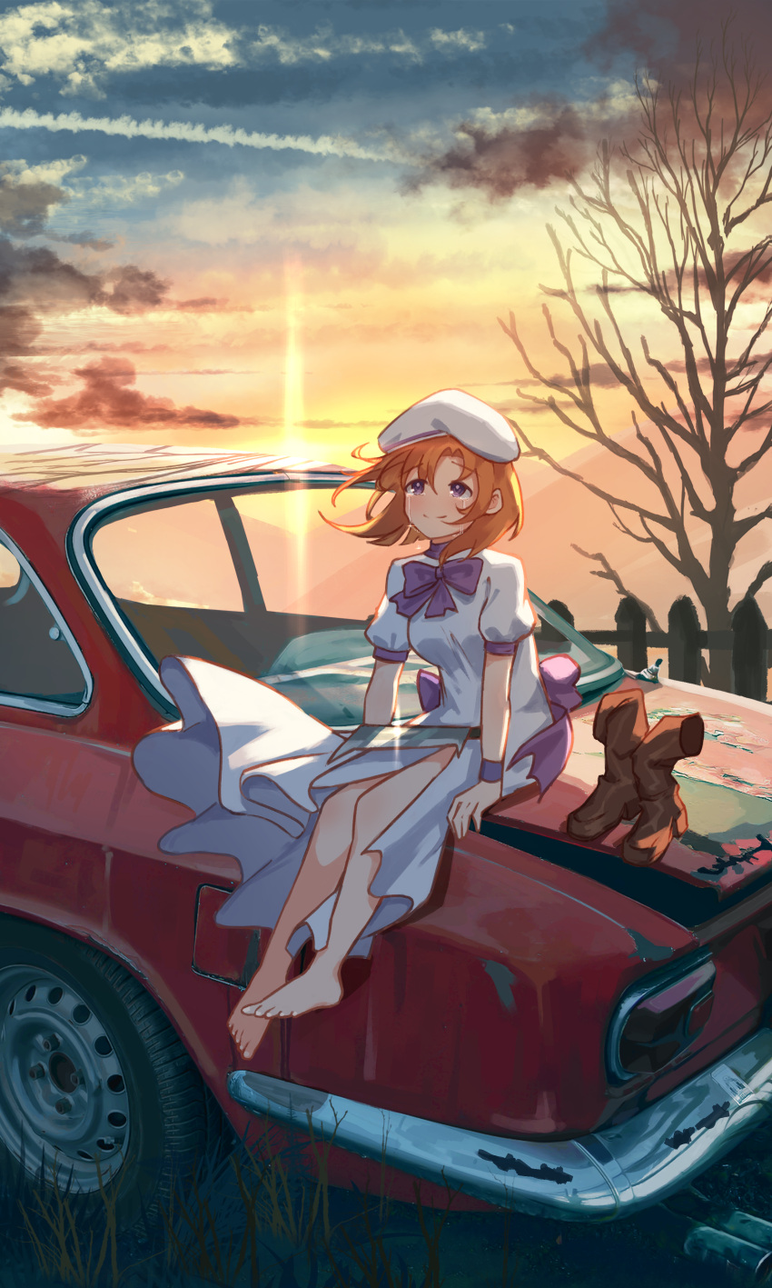 1girl absurdres arm_support barefoot boots_removed bow brown_footwear car commentary commission dress dusk fence footwear_removed grass ground_vehicle hat highres higurashi_no_naku_koro_ni jl_tan motor_vehicle orange_hair outdoors puffy_short_sleeves puffy_sleeves purple_bow ryuuguu_rena short_hair short_sleeves sitting solo sunset tree white_dress white_headwear