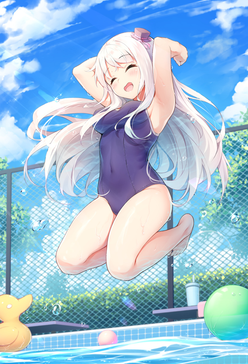 1girl :d ^_^ armpits arms_up bangs bare_arms bare_legs bare_shoulders barefoot black_headwear blue_sky blue_swimsuit blush breasts chain-link_fence closed_eyes commentary_request covered_navel cup day drinking_straw eyebrows_visible_through_hair fence full_body hat head_tilt highres inflatable_toy jumping long_hair medium_breasts mini_hat one-piece_swimsuit open_mouth original outdoors pool school_swimsuit shenhai_(2556146833) sky smile solo swimsuit tilted_headwear very_long_hair water_drop white_hair