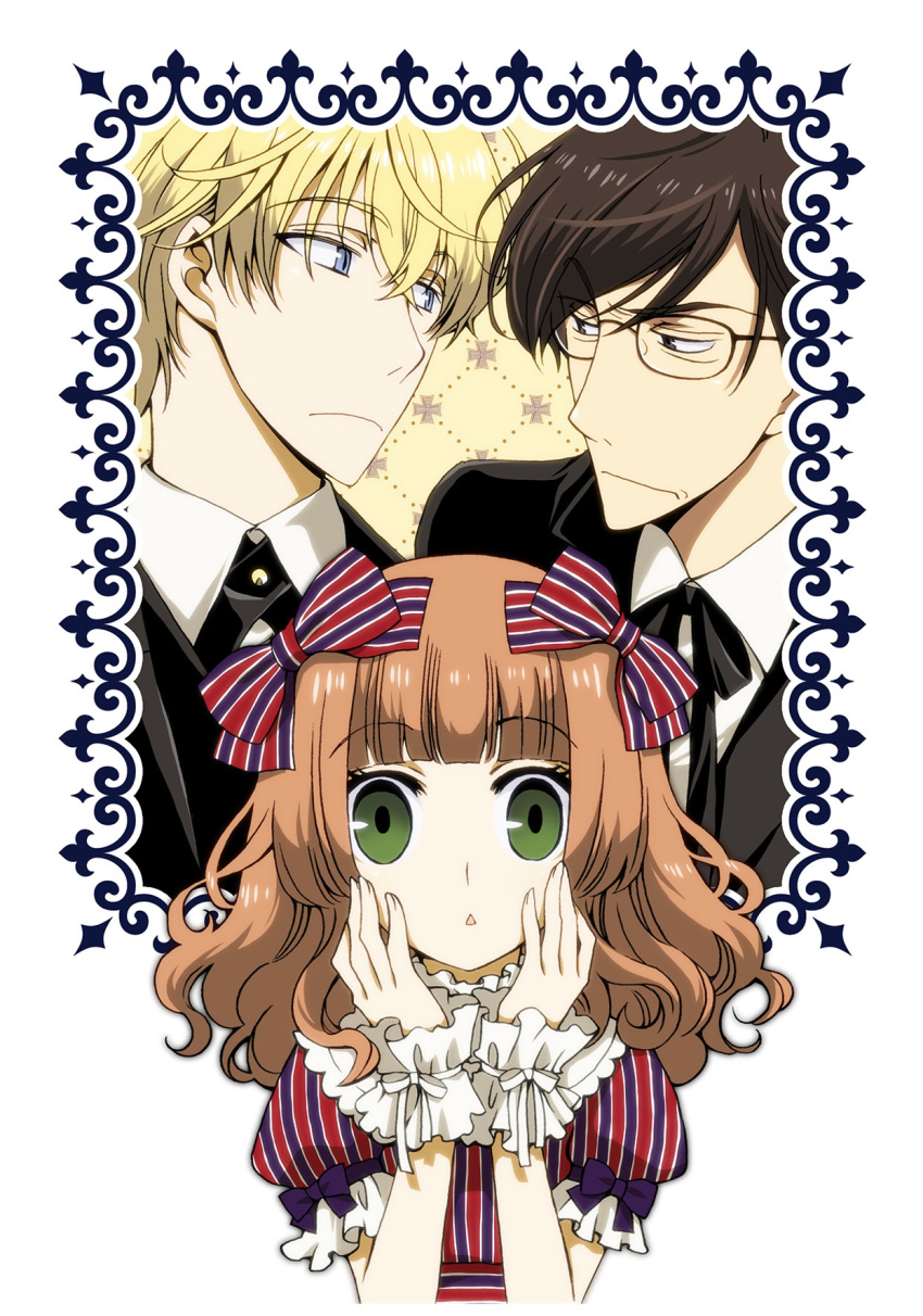 1girl 2boys :o bangs blonde_hair blue_eyes blunt_bangs bow brown_hair child curly_hair formal glasses green_eyes hair_bow hands_on_own_cheeks hands_on_own_face highres kinoshita_sakura koisuru_ojou-sama_wa_papa_to_yobitakunai lolita_fashion long_hair multiple_boys noah_(papakoi) puffy_short_sleeves puffy_sleeves sakaki_karen short_hair short_sleeves striped striped_bow suit yahiro_masamune