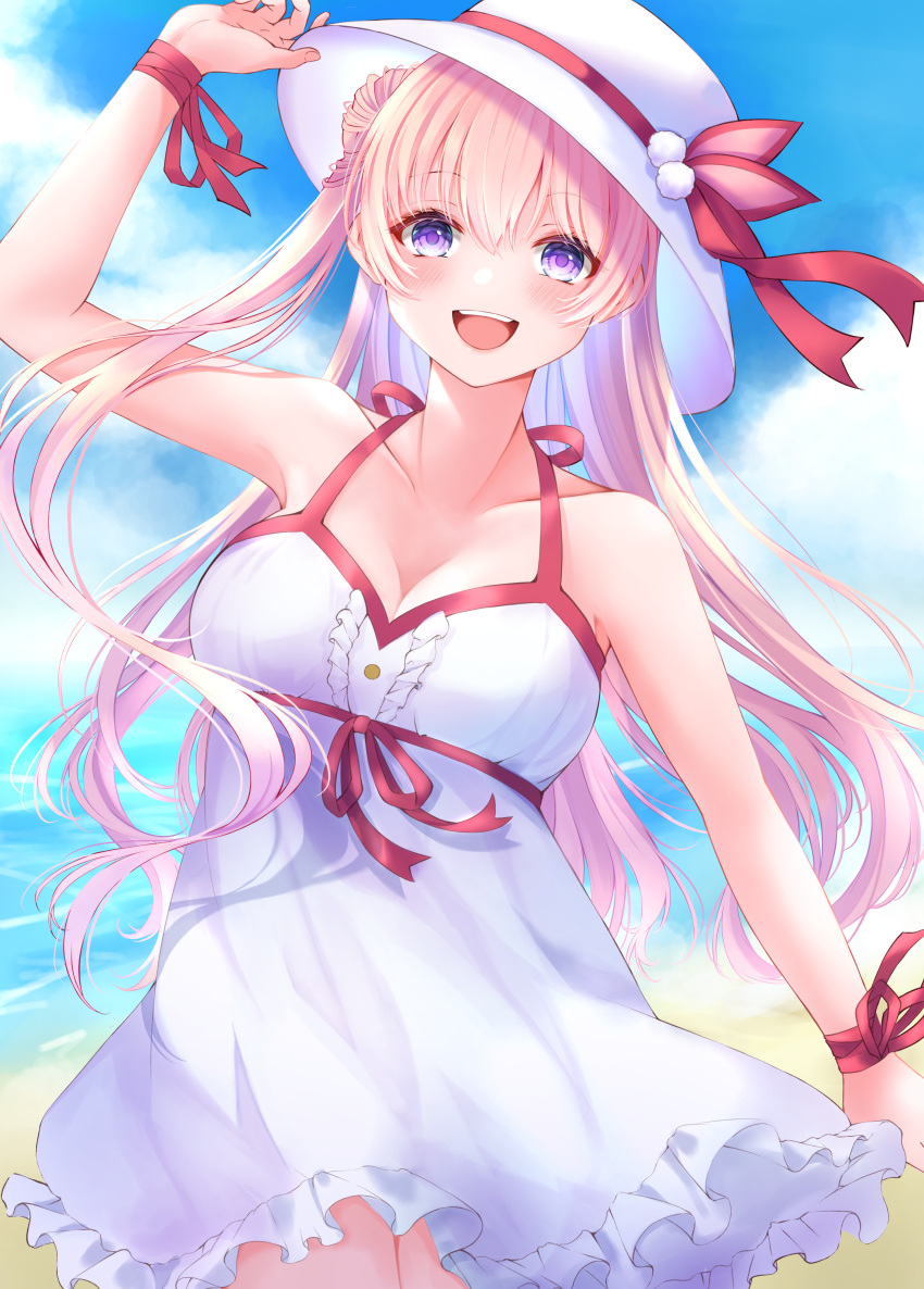 1girl :d absurdres arm_up beach blonde_hair blush breasts cloud cloudy_sky commentary cowboy_shot day dress eyebrows_visible_through_hair frilled_dress frills halterneck hand_on_headwear hat hat_ribbon highres huge_filesize large_breasts long_hair looking_at_viewer ocean open_mouth princess_connect! purple_eyes red_ribbon ribbon ryuna_(inc_moon) sidelocks sky smile solo tareme tsumugi_(princess_connect!) upper_teeth white_dress white_headwear wrist_ribbon