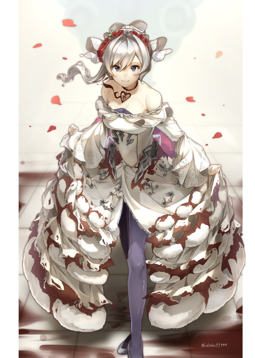 1girl blood blood_on_clothes blood_splatter blue_eyes bow choker closed_mouth curtsey debuff999 dress expressionless flower frilled_dress frills hair_bow highres long_skirt looking_at_viewer pantyhose petals red_flower red_rose rose rose_petals short_hair sidelocks sinoalice skirt snow_white_(sinoalice) tiara white_hair