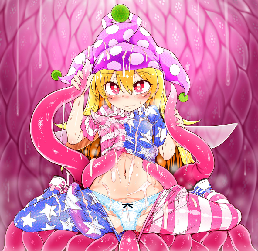 1girl :3 american_flag_legwear american_flag_shirt blonde_hair blue_panties blush closed_mouth clownpiece consensual_tentacles flag_print hands_up hat heart heart-shaped_pupils highres jester_cap looking_at_viewer navel panties red_eyes sitting smile solo sweat swimsuit symbol-shaped_pupils tentacle_pit tentacles tentacles_under_clothes touhou underwear yassy