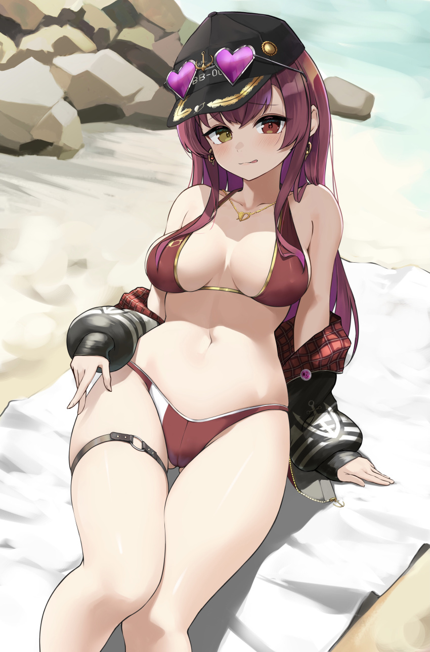 1girl absurdres akiki_(kiki) anchor_print arrow_through_heart ass_visible_through_thighs bad_id bad_pixiv_id bangs baseball_cap beach beach_towel bikini black_headwear black_jacket blush breasts earrings eyebrows_visible_through_hair eyewear_on_headwear feet_out_of_frame hair_down hat heart heart-shaped_eyewear heart_earrings heart_necklace heterochromia highres hololive houshou_marine jacket jacket_partially_removed jewelry licking_lips long_hair looking_at_viewer medium_breasts navel off_shoulder official_alternate_costume red_bikini red_eyes red_hair sand sitting solo straight_hair swimsuit thigh_gap thigh_strap tongue tongue_out towel virtual_youtuber yellow_eyes