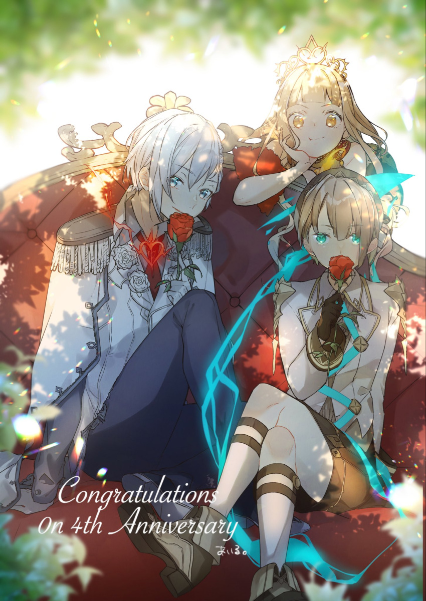 1girl 2boys bangs black_gloves blonde_hair blunt_bangs choker closed_mouth crossed_legs earrings eyebrows_visible_through_hair flower genderswap genderswap_(ftm) gloves green_eyes green_hair gretel_(sinoalice) hat highres idol ill_games22 jewelry little_red_riding_hood_(sinoalice) long_hair looking_at_viewer multicolored_hair multiple_boys orange_eyes pants red_flower red_rose rose short_hair shorts sinoalice sitting smile snow_white_(sinoalice) throne tiara two-tone_hair uniform wavy_hair white_gloves white_hair