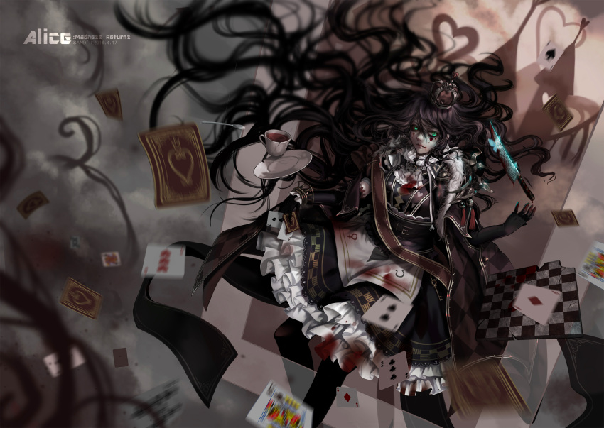 1girl alice:_madness_returns alice_(alice_in_wonderland) american_mcgee's_alice apron black_hair blood breasts card closed_mouth crown dress gloves green_eyes highres jupiter_symbol knife long_hair looking_at_viewer shali_diyu solo