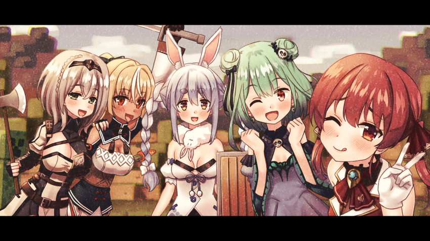 5girls :3 animal_ears axe blonde_hair blue_dress blue_hair bow braid breasts carrot_hair_ornament chromatic_aberration cleavage commentary_request creeper crown_braid dark-skinned_female dark_skin don-chan_(usada_pekora) dorianpanda double_bun dress earrings elf food-themed_hair_ornament gloves green_eyes green_hair hair_bow hair_ornament hand_on_another's_shoulder highres hololive hololive_fantasy houshou_marine jewelry large_breasts letterboxed medium_breasts minecraft multiple_girls one_eye_closed open_mouth orange_eyes pointy_ears ponytail rabbit_ears rabbit_girl red_eyes red_hair shiranui_flare shirogane_noel silver_hair skull_hair_ornament small_breasts sword tongue tongue_out twin_braids twintails uruha_rushia usada_pekora v virtual_youtuber weapon white_gloves