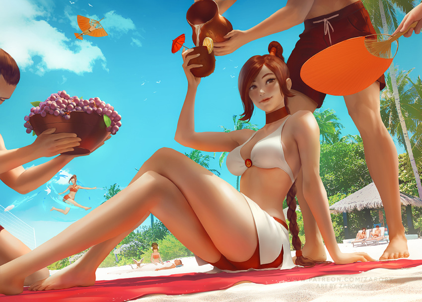 4girls aang aircraft avatar:_the_last_airbender avatar_(series) azula beach bikini bikini_skirt blue_fire blue_sky bowl braid braided_ponytail breasts cleavage coconut day element_bending fanning fire flying food fruit glider grapes hand_fan harem kicking mai_(avatar) male_harem male_swimwear midair momo_(avatar) multiple_girls palm_tree pitcher pouring single_braid sky smile sokka solo_focus summer swim_trunks swimsuit toph_bei_fong tree ty_lee white_bikini zarory zuko