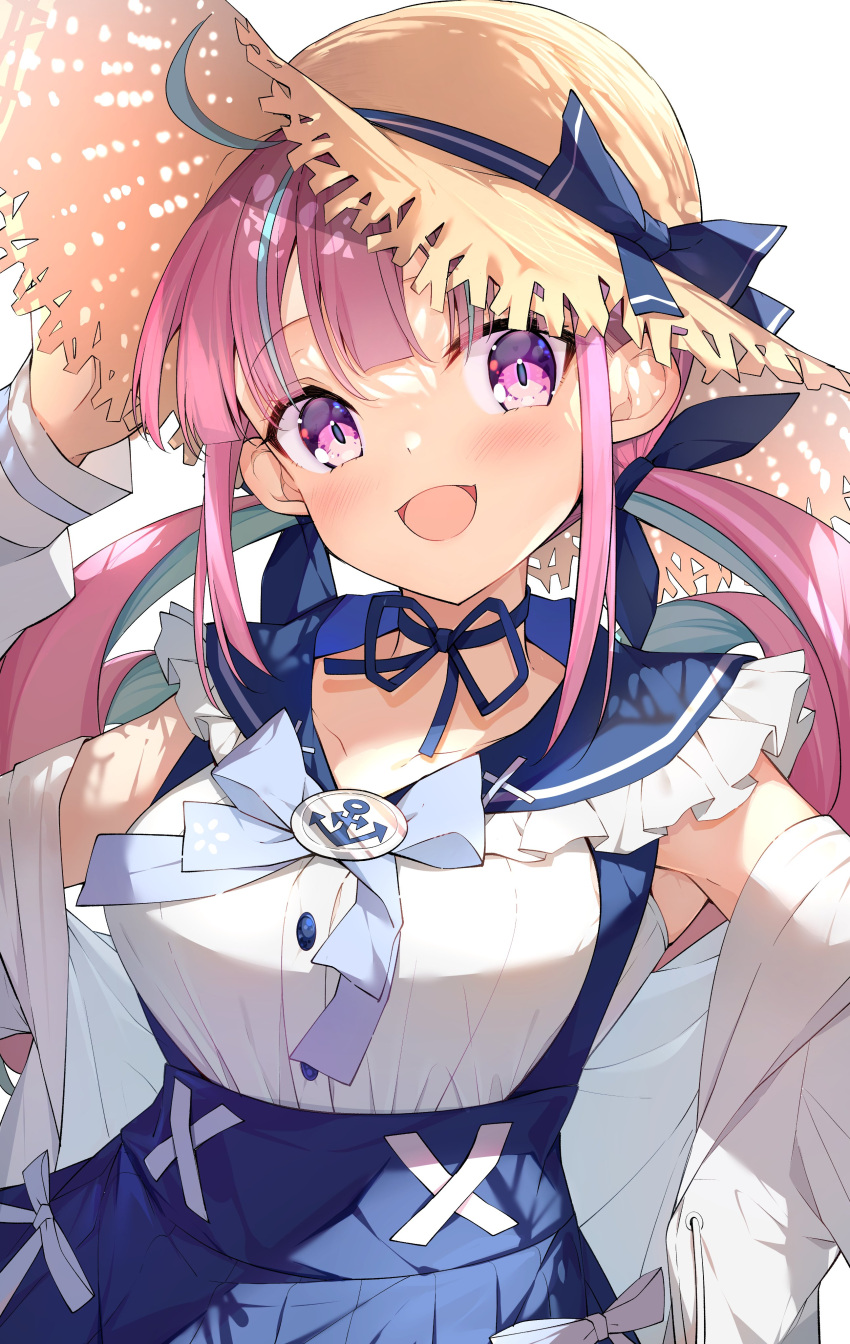 1girl :d absurdres ahoge arm_up bangs blue_bow blue_choker blue_hair blue_ribbon blue_sailor_collar blue_skirt blush bow breasts brown_headwear choker colored_inner_hair commentary darjeeling_(reley) drill_hair eyebrows_visible_through_hair frilled_sailor_collar frills hand_on_headwear hat hat_bow highres hololive jacket large_breasts looking_at_viewer minato_aqua multicolored_hair off_shoulder open_clothes open_jacket open_mouth pink_hair purple_eyes ribbon ribbon_choker sailor_collar shirt sidelocks simple_background skirt smile solo straw_hat sun_hat suspender_skirt suspenders twin_drills twintails virtual_youtuber white_background white_jacket white_shirt