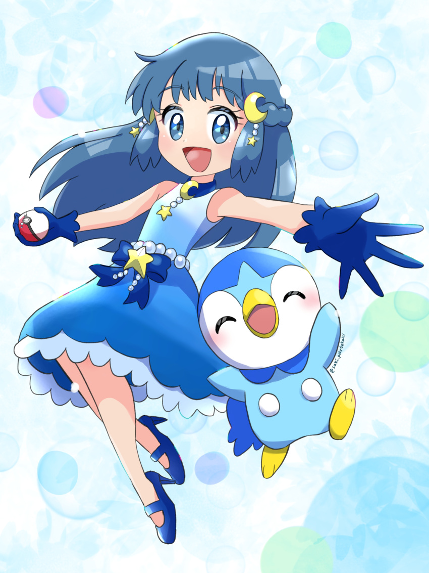 1girl :d absurdres bangs bead_belt blue_eyes blue_footwear blue_gloves blush commentary_request crescent crescent_hair_ornament dawn_(pokemon) eyebrows_visible_through_hair eyelashes floating_hair gen_4_pokemon gloves hair_ornament high_heels highres holding holding_poke_ball long_hair looking_at_viewer open_mouth piplup poke_ball poke_ball_(basic) pokemon pokemon_(anime) pokemon_(creature) pokemon_swsh_(anime) saki_pokeoekaki shiny shiny_hair sleeveless smile spread_fingers twitter_username