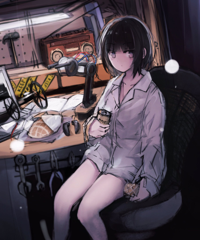 1girl azarasi_haru bangs bare_legs beer_can black_hair bread can caution_tape commentary food grey_eyes hammer highres holding holding_food keep_out lamp looking_at_viewer melon_bread original pliers radio shirt short_hair sitting solo table white_shirt workshop wrench