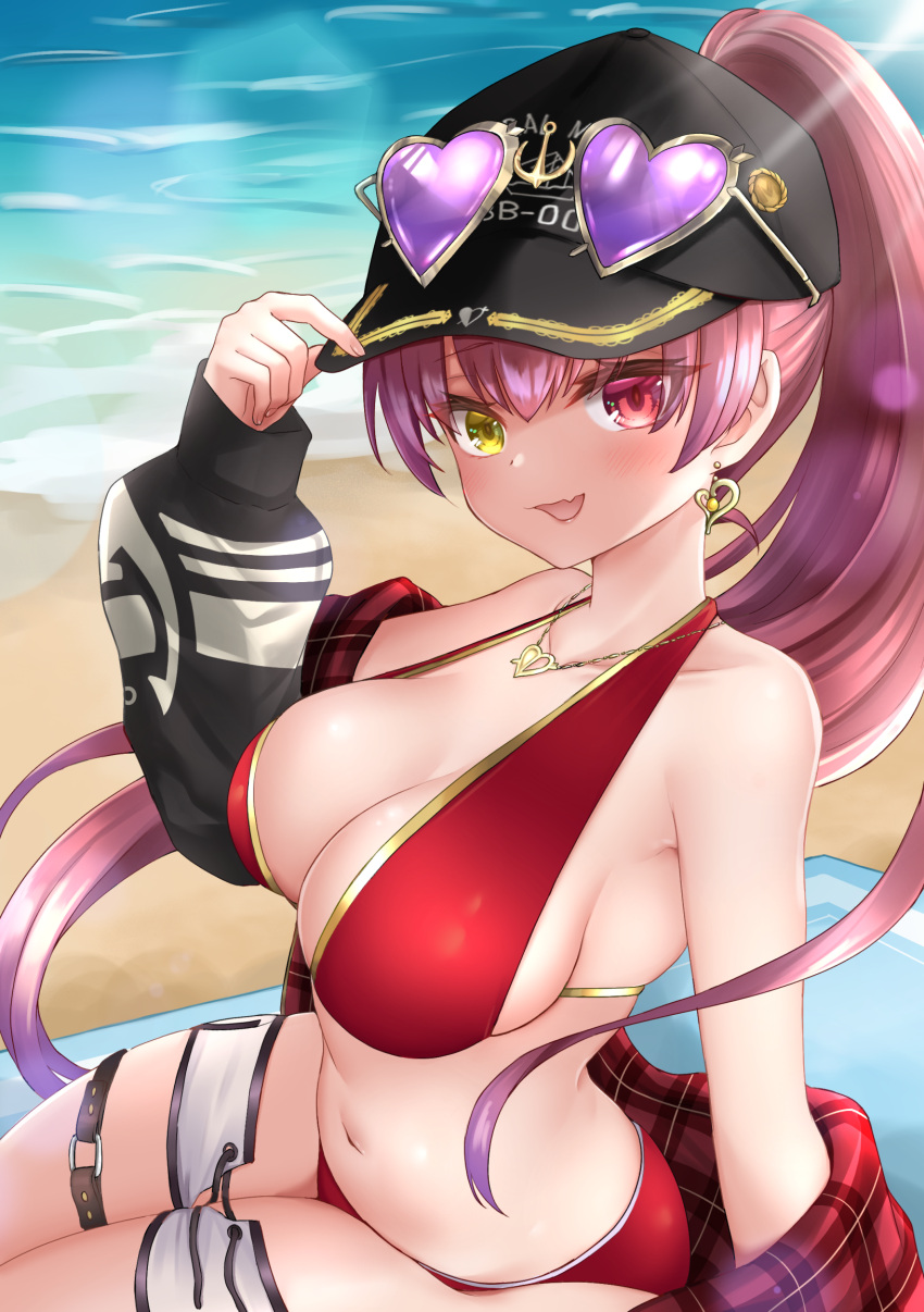 1girl anchor_print anchor_symbol arrow_through_heart bangs baseball_cap beach bikini black_headwear black_jacket blush breasts cleavage commentary_request dolphin_shorts earrings eyewear_on_headwear fang hand_on_headwear hat heart heart-shaped_eyewear heart_earrings heart_necklace heterochromia high_ponytail highres hololive houshou_marine jacket jewelry large_breasts lens_flare long_hair makesound navel off_shoulder official_alternate_costume open_mouth plaid ponytail red_bikini red_eyes red_hair shorts sideboob sitting smile solo sunlight swimsuit thigh_strap virtual_youtuber yellow_eyes