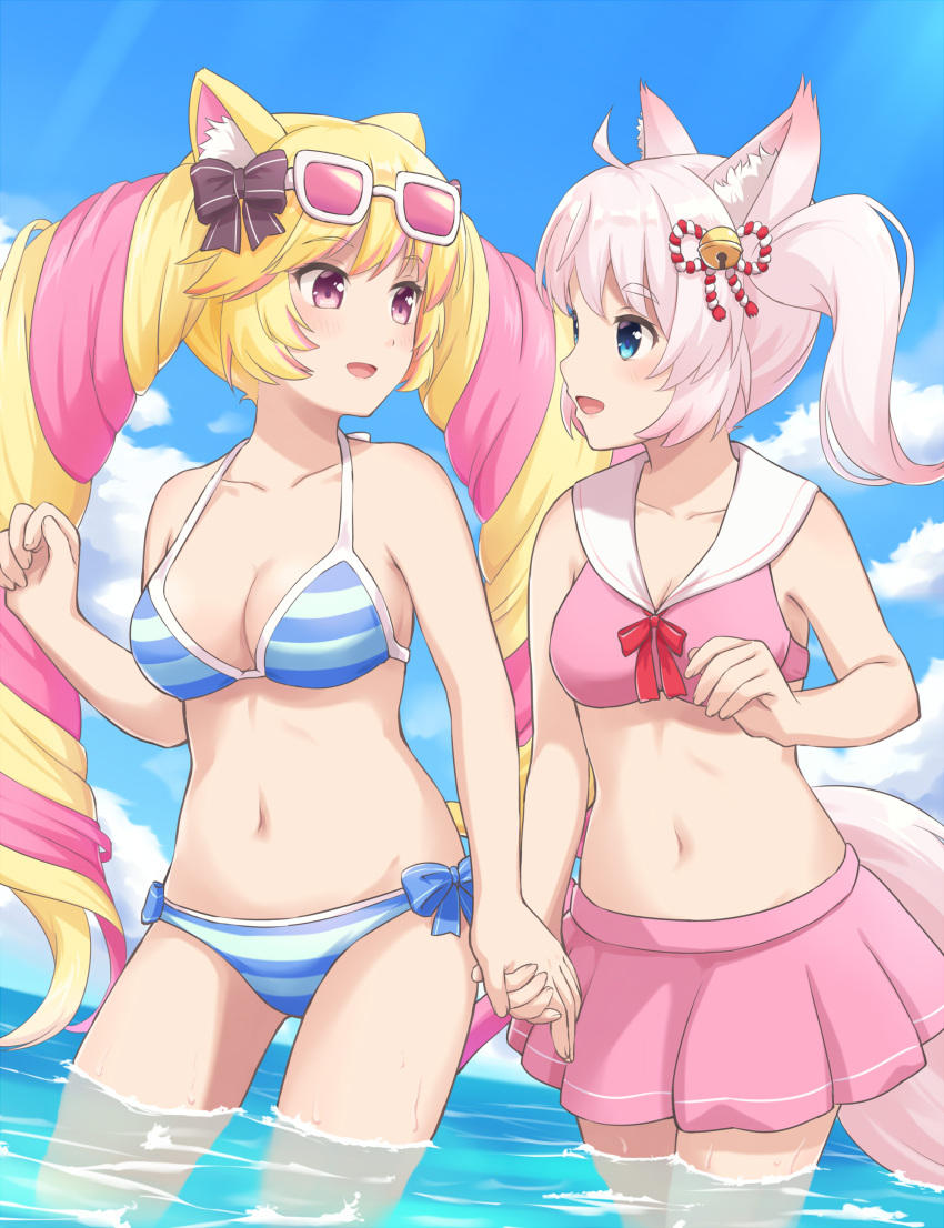 2girls absurdres ahoge animal_ears bell bikini blonde_hair blue_eyes blue_sky bow bow_panties bra breasts cat_ears cat_girl cat_tail cleavage cloud collarbone commentary day drill_hair eye_contact eyewear_on_head fox_ears fox_girl fox_tail hair_bow highres holding_hands howan_(show_by_rock!!) jingle_bell light_blush long_hair looking_at_another machikado mashima_himeko_(show_by_rock!!) medium_breasts multicolored_hair multiple_girls navel ocean open_mouth outdoors panties partially_submerged pink_hair purple_eyes short_hair show_by_rock!! skirt sky smile sunglasses sunlight swimsuit tail twintails underwear very_long_hair wet white_hair yuri