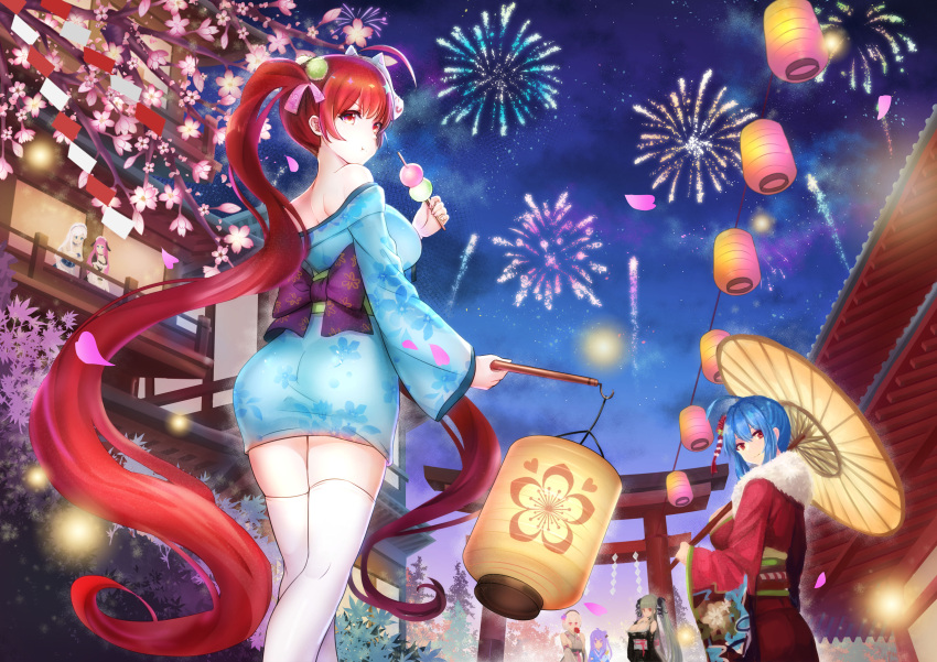 6+girls absurdly_long_hair absurdres ahoge alternate_costume architecture azur_lane bangs belfast_(azur_lane) blue_eyes blue_hair blunt_bangs breasts building candy_apple cherry_blossoms cleavage commentary_request dango detached_sleeves doll_hug east_asian_architecture english_commentary festival fireworks food formidable_(azur_lane) from_behind from_below hair_between_eyes hair_ornament hair_ribbon hairband highres holding holding_food holding_lantern holding_umbrella honolulu_(azur_lane) honolulu_(festival_date)_(azur_lane) japanese_clothes kimono lampion lantern long_hair long_sleeves looking_at_viewer low_ponytail maid maid_headdress mixed-language_commentary multiple_girls night night_sky official_alternate_costume oil-paper_umbrella one_side_up petals ponytail purple_eyes purple_hair red_eyes red_hair ribbon sanshoku_dango short_hair sidelocks silver_hair sirius_(azur_lane) sky st._louis_(azur_lane) st._louis_(tipsy_snow)_(azur_lane) star_(sky) starry_sky stuffed_animal stuffed_toy stuffed_winged_unicorn suffolk_(azur_lane) thighhighs torii twintails umbrella unicorn_(azur_lane) very_long_hair w_verne wagashi white_hair white_legwear wide_sleeves yukata zettai_ryouiki