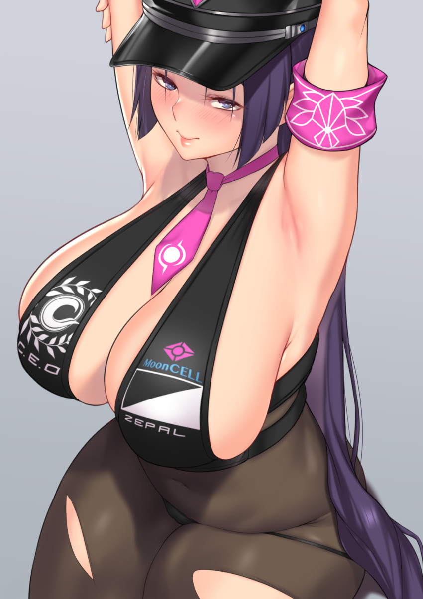 1girl armband armpits arms_up aster_crowley black_bodysuit blush bodysuit breasts cleavage cosplay curvy fate/grand_order fate_(series) grey_background hat highres huge_breasts long_hair minamoto_no_raikou_(fate) peaked_cap pink_neckwear purple_eyes purple_hair sesshouin_kiara_(swimsuit_mooncancer)_(fate) sesshouin_kiara_(swimsuit_mooncancer)_(fate)_(cosplay) smile thick_thighs thighs torn_bodysuit torn_clothes very_long_hair