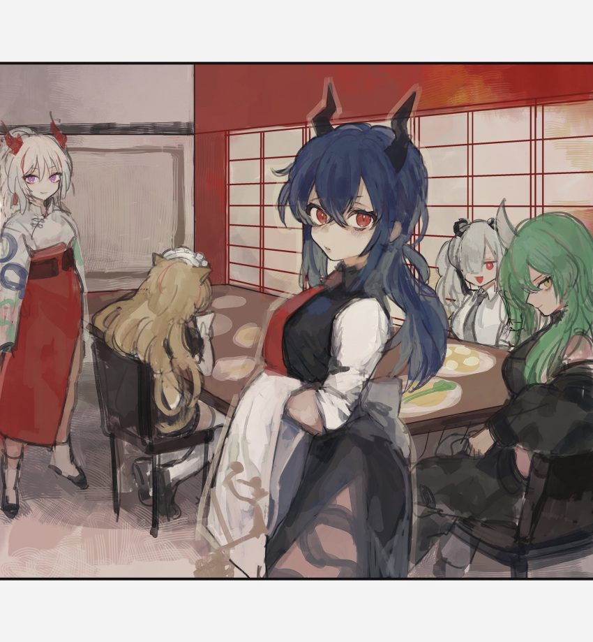 5girls alternate_costume animal_ears arknights armor black_footwear black_jacket black_neckwear black_pants black_shirt black_skirt blonde_hair blue_hair ch'en_(arknights) dragon_horns feater_(arknights) green_hair grey_hair grey_sash hair_between_eyes hair_over_one_eye hakama highres holding horns hoshiguma_(arknights) indoors jacket japanese_clothes letterboxed looking_at_viewer maid_headdress multicolored_hair multiple_girls nian_(arknights) obi off_shoulder omcxxx oni_horns open_mouth panda_ears pants parted_lips plate purple_eyes red_eyes red_hair red_hakama red_neckwear sash shirt sideways_glance single_horn sitting sketch skirt standing streaked_hair swire_(arknights) table thighhighs tiger_ears triangle_mouth twintails unfinished white_hair white_legwear white_shirt white_sleeves yellow_eyes