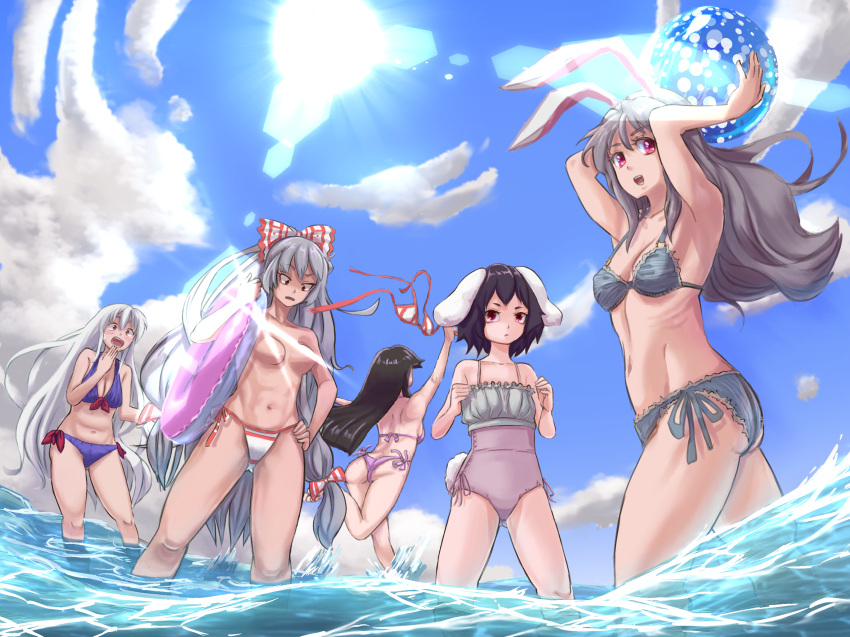 5girls :d animal_ears arms_up ass assisted_exposure ball bangs beachball bikini bikini_top black_hair blue_bikini bow breasts caustics cleavage closed_mouth cloud cloudy_sky commentary_request d: day eyebrows_visible_through_hair facing_away feet_out_of_frame fisheye floppy_ears frills from_below fujiwara_no_mokou grey_hair groin hair_bow hair_ribbon hand_on_hip hand_to_own_mouth highres holding holding_ball holding_bikini_top holding_innertube houraisan_kaguya inaba_tewi innertube kaden_(muxt8423) kamishirasawa_keine lens_flare light_censor long_hair medium_breasts multiple_girls navel no_hat no_headwear one-piece_swimsuit open_mouth outdoors purple_bikini purple_eyes purple_hair rabbit_ears rabbit_tail red_eyes reisen_udongein_inaba ribbon sanpaku short_hair side-tie_bikini silver_hair sky small_breasts smile sun swimsuit tail topless touhou tress_ribbon very_long_hair wading water white_bow