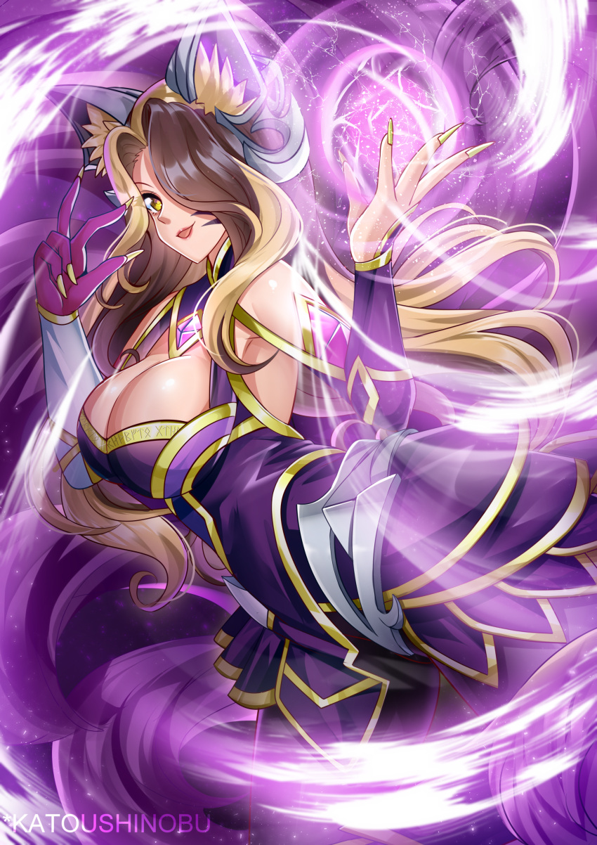 1girl absurdres ahri animal_ears blonde_hair breasts brown_hair cleavage coven_ahri energy_ball facial_mark fingernails fox_ears fox_girl fox_tail hair_over_one_eye highres katou_shinobu large_breasts league_of_legends lips long_fingernails multicolored_hair multiple_tails solo tail two-tone_hair whisker_markings yellow_eyes