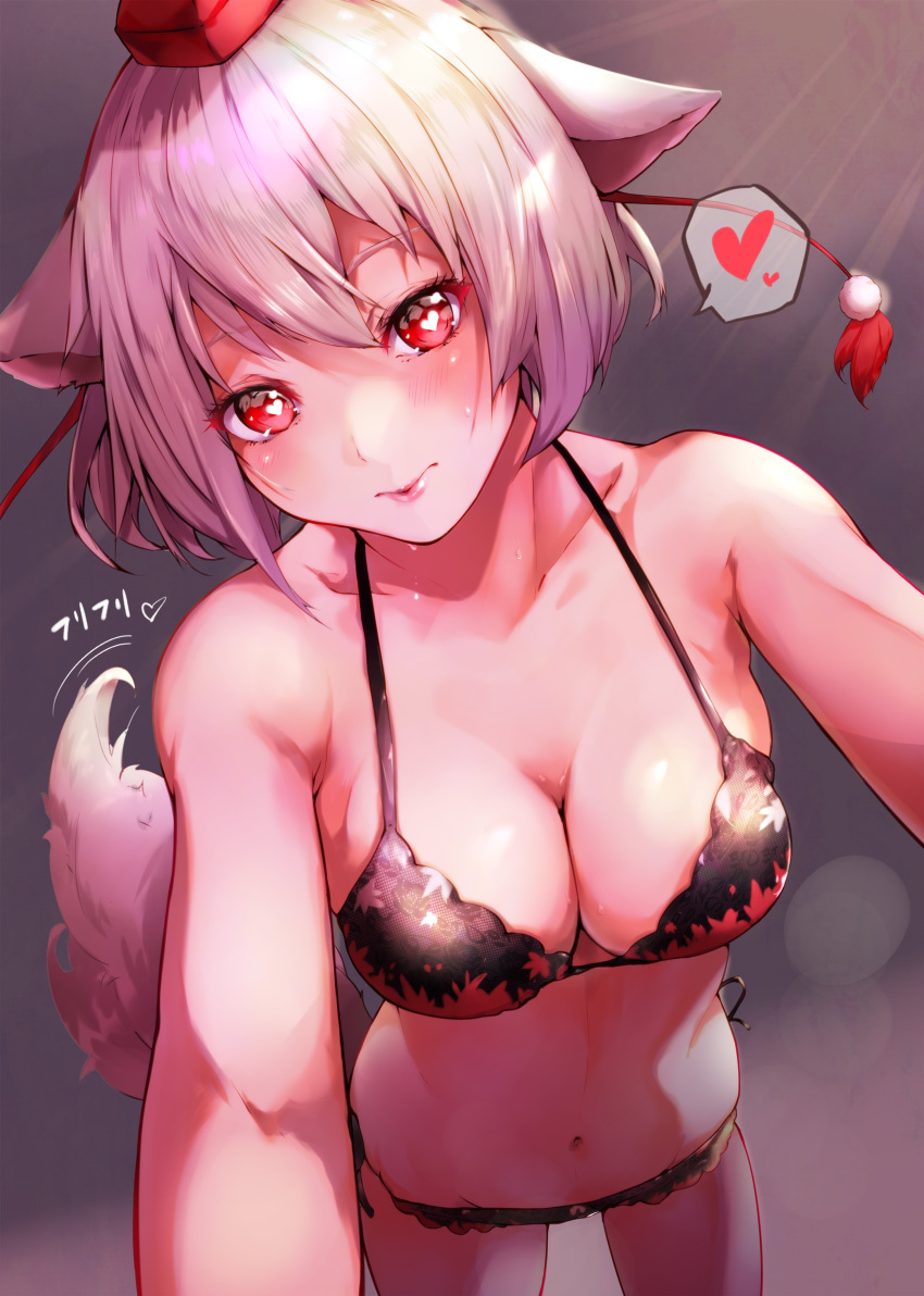1girl absurdres animal_ears black_bra black_panties bra commentary_request hat heart heart-shaped_pupils highres inubashiri_momiji mayonaka_taruho panties pom_pom_(clothes) red_eyes short_hair silver_hair solo symbol-shaped_pupils tail tokin_hat touhou underwear wolf_ears wolf_tail