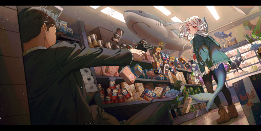 1girl absurdres aiming aisle apple_jacks bangs blue_eyes blue_hair blunt_bangs box cereal_box convenience_store cottonelle daikazoku63 dark_persona fish fish_tail food formal gawr_gura gun highres hololive hololive_english hood indoors jacket long_hair looking_at_another multicolored_hair oatmeal paper_towel pop_tart product_placement quaker_oats_company red_bull red_hair revolver shark shark_tail shop silver_hair snack streaked_hair suit tail toilet_paper virtual_youtuber weapon white_hair