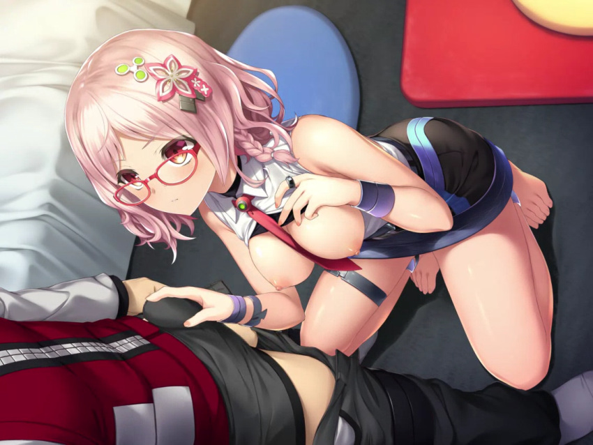 1boy 1girl ayasaki_bou bangs barefoot bed_sheet bedroom between_breasts black_skirt breasts bulge closed_mouth clothes_lift erection erection_under_clothes eyebrows_visible_through_hair from_above game_cg glasses hair_ornament hetero jacket jewelry kneeling long_hair long_sleeves looking_up medium_breasts miniskirt necktie necktie_between_breasts nipples official_art oosaki_shin'ya parted_bangs pink_hair red-framed_eyewear red_eyes red_jacket red_neckwear ring shirt shirt_lift skirt socks solo_focus standing tokyo_necro tokyo_necro_suicide_mission white_legwear white_shirt