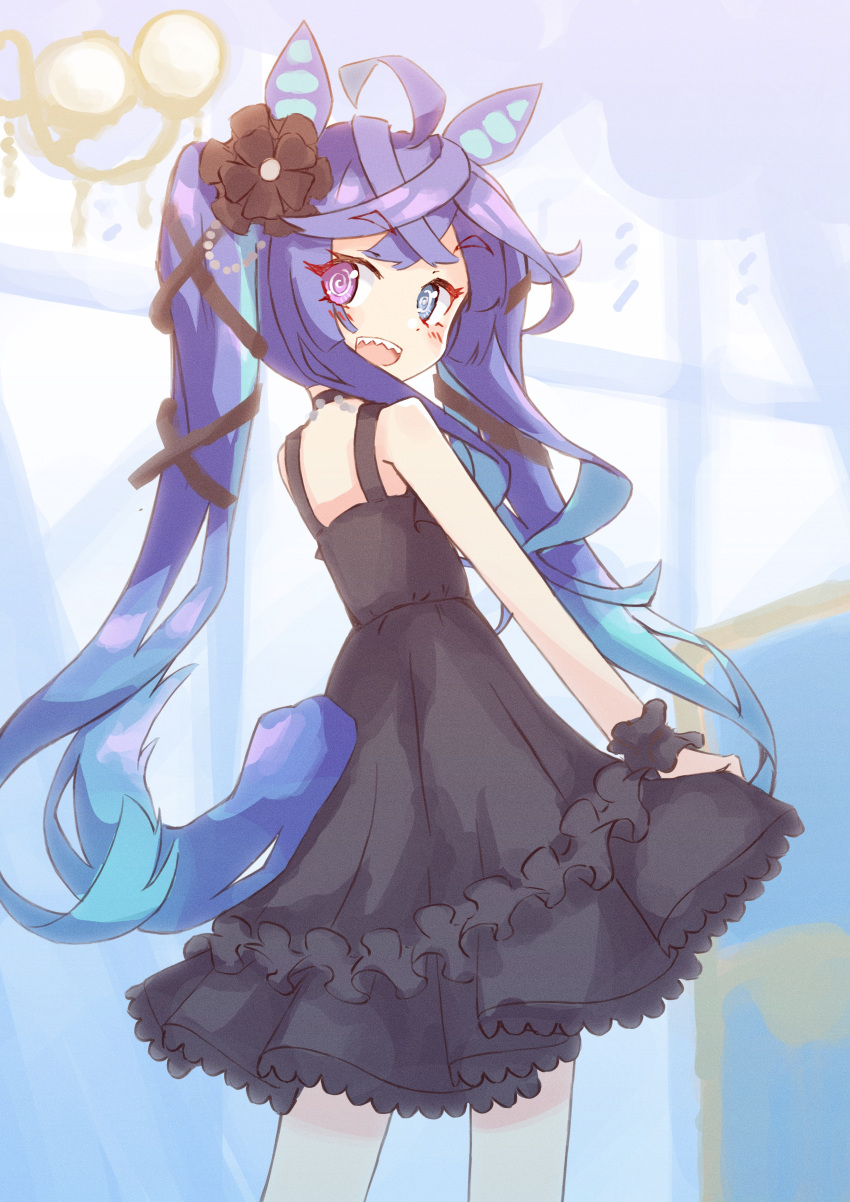 1girl :d @_@ absurdres ahoge animal_ears bangs bare_shoulders black_dress black_flower blue_eyes blue_hair commentary_request dress eyebrows_visible_through_hair flower frilled_dress frills hair_flower hair_ornament heterochromia highres horse_ears ichi long_hair looking_at_viewer looking_back open_mouth purple_eyes sharp_teeth sleeveless sleeveless_dress smile solo teeth thick_eyebrows twin_turbo_(umamusume) twintails umamusume very_long_hair wrist_cuffs