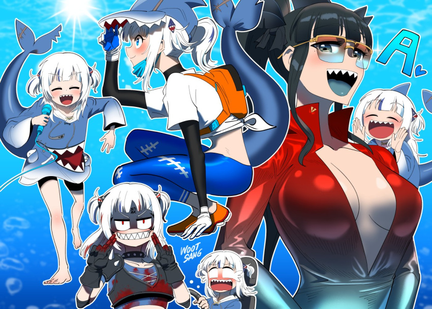 artemis_of_the_blue atelier_live bangs baseball_cap black_eyes black_hair blood blood_on_clothes blood_on_face blood_stain blue_eyes blue_hair blue_tongue blunt_bangs blush breasts cleavage collar colored_tongue eyebrows_visible_through_hair female_protagonist_(pokemon_go) fingerless_gloves fish_tail gawr_gura gloves hat hololive hololive_english hood hoodie long_hair mask microphone multicolored_hair open_mouth pokemon pokemon_(game) pokemon_go ponytail shark_fin shark_girl shark_tail sharp_teeth silver_hair smile spiked_collar spikes streaked_hair tail tears teeth virtual_youtuber white_hair wootsang