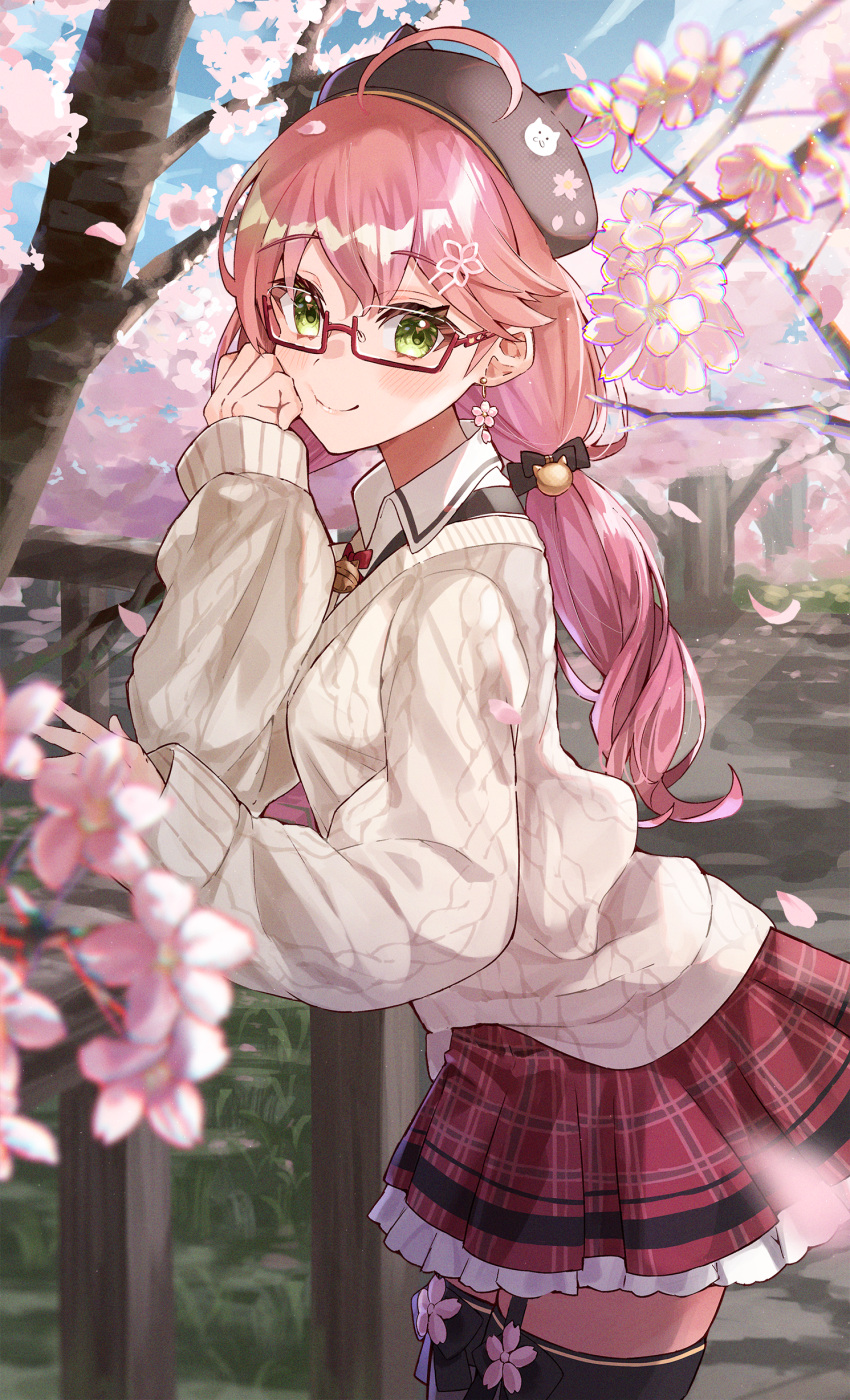 1girl absurdres bell beret black_headwear black_thighhighs blush cardigan cherry_blossoms collared_shirt glasses green_eyes grey_sweater hair_bell hair_ornament haru_yu hat highres hololive jingle_bell looking_at_viewer low_twintails neck_bell official_alternate_costume pink_hair red-framed_eyewear sakura_miko sakura_miko_(3rd_costume) shirt smile solo sweater thighhighs twintails virtual_youtuber white_shirt yellow_cardigan