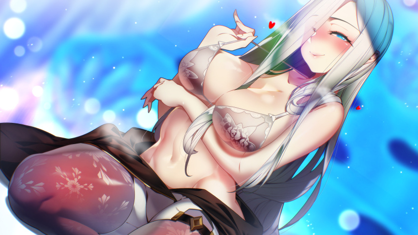 1girl arm_under_breasts bare_shoulders blue_background blue_eyes blurry blurry_background blush bra bra_pull breasts cleavage clothes_down clothes_pull collarbone dutch_angle game_cg hair_between_breasts hair_over_shoulder half-closed_eyes heart heart-shaped_pupils highres indoors kneeling large_breasts light_particles long_hair looking_at_viewer miracle_snack_shop navel non-web_source nose_blush official_art one_eye_covered pants philia_salis pink_lips print_bra print_thighhighs pursed_lips seductive_smile see-through see-through_legwear shaded_face shadow shorts smile snowflake_print solo steam stomach string_bra symbol-shaped_pupils talesshop thighhighs ukero underwear very_long_hair white_bra white_hair white_shorts