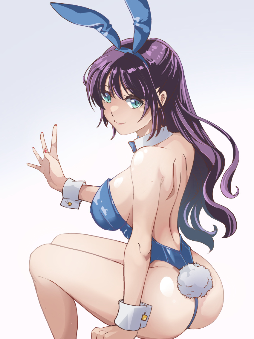 1girl absurdres animal_ears ass backless_outfit bare_legs blue_bow blue_bowtie blue_eyes blue_leotard bow bowtie detached_collar feet_out_of_frame from_behind half_updo highres leotard long_hair looking_at_viewer one-piece_thong oota_satoshi_(miux) original playboy_bunny purple_hair rabbit_ears rabbit_tail sitting solo strapless strapless_leotard tail wrist_cuffs