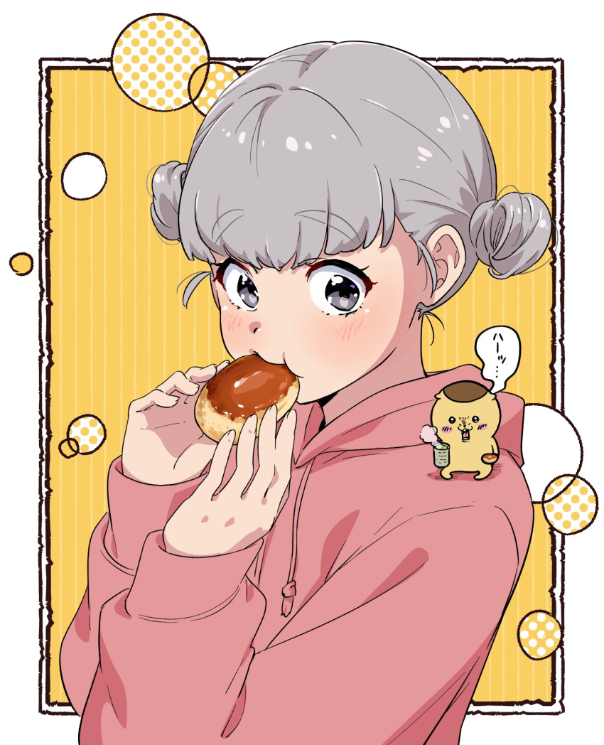 1girl baozi biting blush bubble chiikawa crossover cup double_bun drawstring eating edomon-do food grey_eyes grey_hair hair_bun hands_up highres holding holding_food hood hood_down hoodie kuri_manjuu_(chiikawa) long_sleeves looking_at_viewer original outside_border pink_hoodie sitting_on_shoulder sleeves_past_wrists solo tea updo upper_body yellow_background yunomi