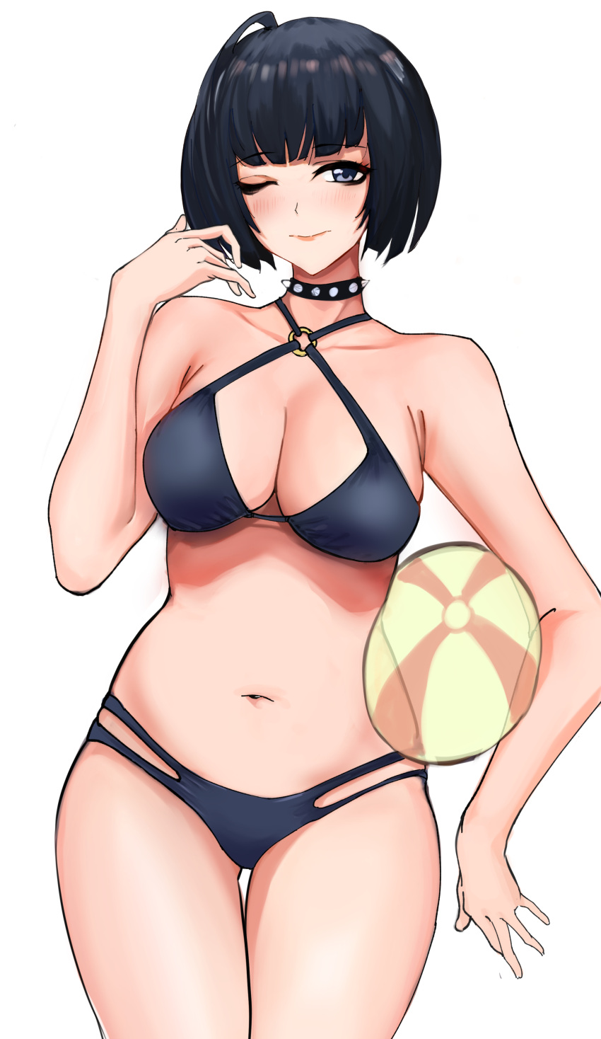 1girl absurdres bangs bikini black_hair blue_hair breasts choker cleavage collar collarbone highres jewelry looking_at_viewer medium_breasts nail_polish navel necklace nero_watch one_eye_closed persona persona_5 red_eyes short_hair simple_background sitting smile solo swimsuit takemi_tae