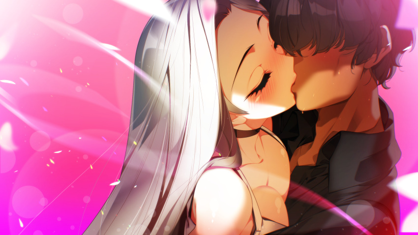 1boy 1girl bare_shoulders black_collar black_hair blush breast_press breasts cha_seol-hwa cleavage close-up closed_eyes collar collarbone dark-skinned_male dark_skin dress face-to-face faceless faceless_male from_above game_cg hair_over_eyes hair_over_shoulder highres kiss light_particles long_hair miracle_snack_shop non-web_source nose_blush official_art parted_bangs petals philia_salis pink_background shaded_face shadow shiny_skin sidelocks simple_background sweat talesshop ukero upper_body white_hair