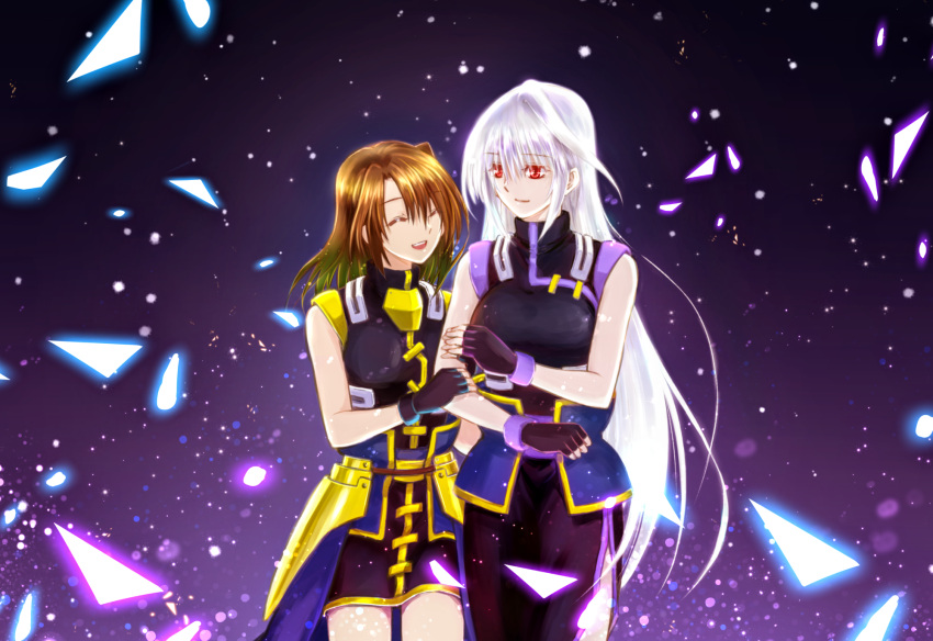 2girls arm_grab black_dress black_gloves brown_hair closed_eyes closed_mouth commentary_request dress eyebrows_visible_through_hair faulds fingerless_gloves gloves hair_ornament highres leoheart light_particles long_dress long_hair looking_at_another lyrical_nanoha magical_girl mahou_shoujo_lyrical_nanoha mahou_shoujo_lyrical_nanoha_a's mahou_shoujo_lyrical_nanoha_strikers multiple_girls open_mouth partial_commentary red_eyes reinforce short_dress short_hair silver_hair sleeveless sleeveless_dress smile standing waist_cape x_hair_ornament yagami_hayate