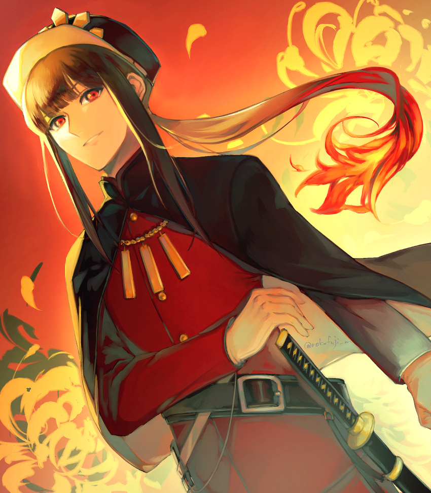 1boy belt black_cape cape dutch_angle family_crest fate/grand_order fate_(series) flower gloves hat highres katana long_hair long_sleeves looking_back looking_down low_ponytail military_hat oda_nobukatsu_(fate) oda_uri otoko_no_ko parted_lips ponytail red_background red_shirt rokufuji_m shako_cap shirt sidelocks solo spider_lily sword twitter_username weapon white_gloves