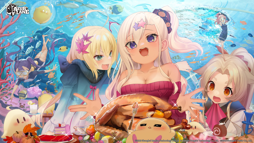 5girls :d absurdres ahoge air_bubble albacore_(azur_lane) animal archerfish_(azur_lane) ascot ass azur_lane bare_shoulders barefoot bird blonde_hair blue_eyes blue_one-piece_swimsuit blue_sailor_collar bluegill_(azur_lane) blush bottle bow breasts brown_eyes bubble cake cake_slice cavalla_(azur_lane) chick cleavage collarbone copyright_name coral crab dace_(azur_lane) dark-skinned_female dark_skin diving_mask dress fang fh_moya fish flower food fork freediving fruit goggles green_eyes hair_between_eyes hair_flower hair_ornament hair_ribbon high_ponytail highres holding holding_fork juliet_sleeves large_breasts light_brown_hair long_hair long_sleeves looking_at_another manjuu_(azur_lane) medium_breasts multiple_girls neckerchief ocean off-shoulder_sweater off_shoulder official_art one-piece_swimsuit one_side_up open_mouth orange_eyes pink_hair pink_neckerchief polearm ponytail puffy_sleeves purple_eyes purple_hair red_dress red_sweater ribbed_sweater ribbon sailor_collar scarf school_swimsuit school_uniform second-party_source serafuku shirt sidelocks skin_fang smile snorkel star_(symbol) star_hair_ornament starfish submerged sweater sweater_dress swimming swimsuit tan tanlines teeth thanksgiving torpedo trident tropical_fish turkey_(food) twintails underwater very_long_hair water weapon
