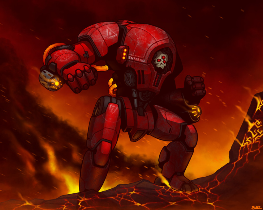 armor blaz_b._aros chipped_paint day_of_wrath_(infinitypilot) english_text extra_eyes fangs fire flamethrower glowing glowing_eyes glowing_hot hell highres hose light_particles mecha molten_rock outdoors red_armor red_eyes red_sky robot rock science_fiction scorch_(titanfall_2) sharp_teeth sigil skull sky smoke teeth titanfall_(series) weapon
