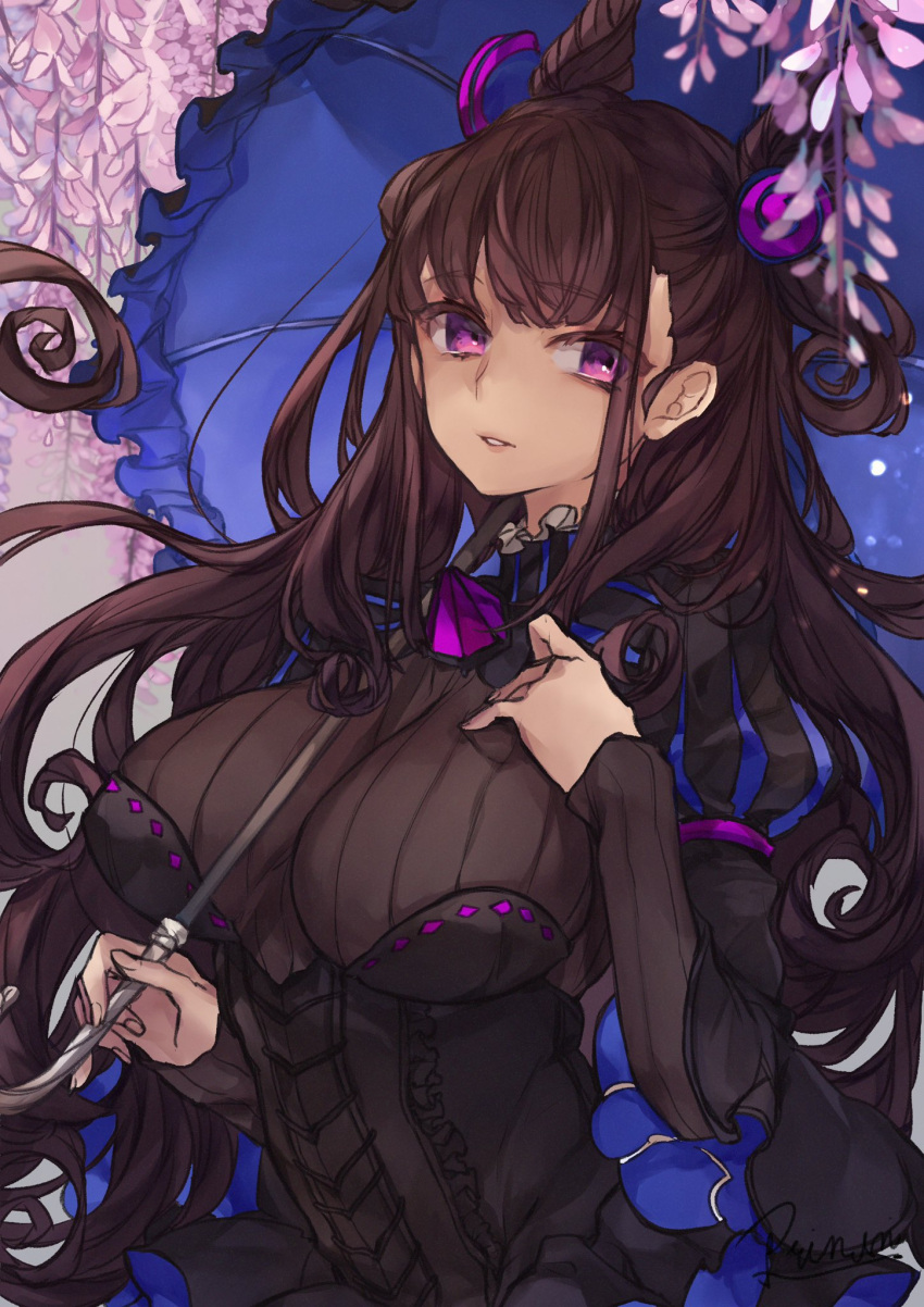 1girl black_dress breasts brown_hair dress fate/grand_order fate_(series) flower highres juliet_sleeves large_breasts long_hair long_sleeves murasaki_shikibu_(fate) puffy_sleeves purple_eyes umbrella wisteria yok01