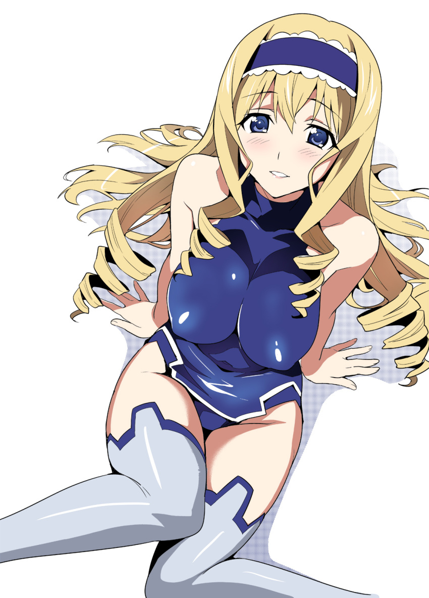 1girl arm_support bangs bare_shoulders blonde_hair blue_eyes blue_hairband blue_leotard blush breasts cecilia_alcott covered_nipples drill_hair dutch_angle from_above grey_legwear hair_spread_out hairband halterneck highres impossible_clothes infinite_stratos lace large_breasts leotard long_hair looking_at_viewer photoshop_(medium) pilot_suit shadow shiny shiny_clothes sidelocks simple_background sitting skin_tight smile solo takeda_hiromitsu thighhighs turtleneck very_long_hair white_background