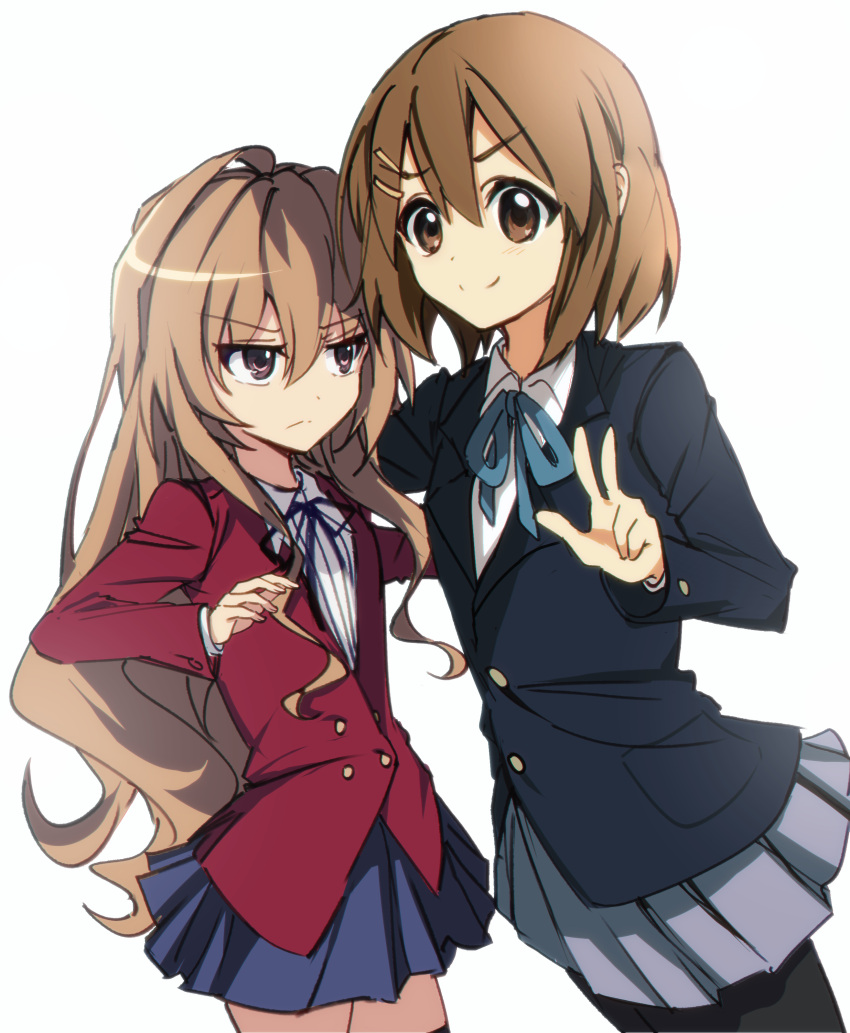 2girls absurdres aisaka_taiga annoyed arm_behind_back arm_on_another's_shoulder black_pantyhose black_ribbon black_thighhighs blazer blue_jacket blue_ribbon blue_skirt brown_eyes brown_hair buttons closed_mouth collared_shirt commentary_request cowboy_shot double-breasted grey_skirt hair_between_eyes hair_ornament hairclip highres hirasawa_yui jacket k-on! long_hair long_sleeves looking_at_another looking_at_viewer multiple_girls neck_ribbon onmoynn oohashi_high_school_uniform pantyhose pleated_skirt red_jacket ribbon sakuragaoka_high_school_uniform school_uniform shirt short_hair simple_background skirt smile thighhighs toradora! w white_background white_shirt