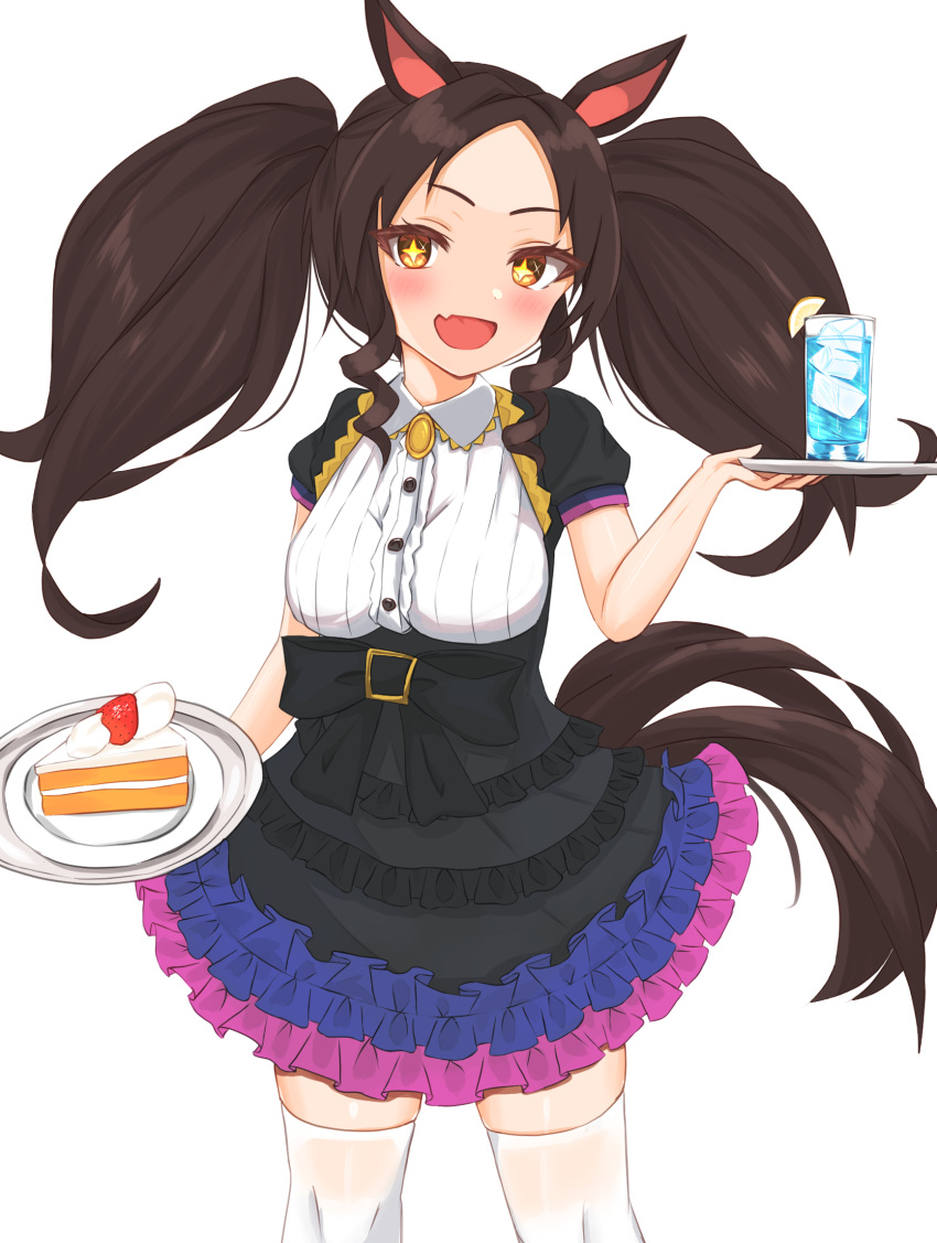+_+ 1girl animal_ears black_dress black_gloves black_hair breasts cake commentary_request cowboy_shot dress fang flower food glass gloves hair_flower hair_ornament highres holding holding_tray horse_ears horse_girl kudo_(user_dzch8572) large_breasts long_hair looking_at_viewer marvelous_sunday_(umamusume) parted_bangs puffy_short_sleeves puffy_sleeves short_sleeves simple_background skin_fang solo thighhighs tray twintails umamusume white_background white_thighhighs yellow_eyes