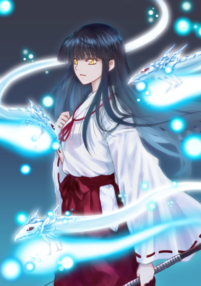 1girl bangs black_hair blunt_bangs bow_(weapon) brown_eyes closed_mouth commentary_request hakama highres hitodama holding holding_bow_(weapon) holding_weapon inuyasha japanese_clothes kikyou_(inuyasha) kimono leoheart long_hair long_sleeves looking_to_the_side miko red_hakama ribbon-trimmed_sleeves ribbon_trim shinidamachuu smile solo standing straight_hair weapon white_kimono wide_sleeves youkai