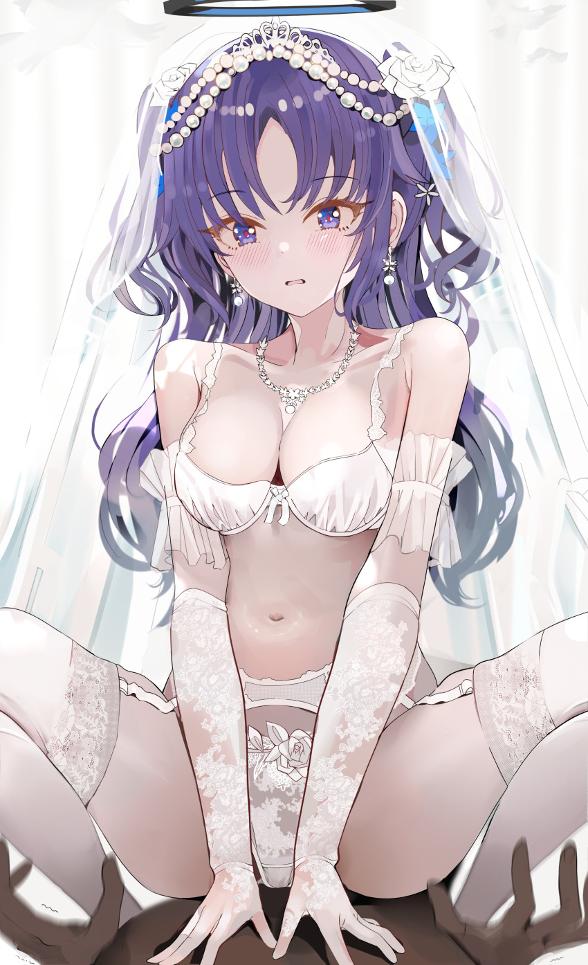 1boy 1girl absurdres alternate_costume blue_archive blush bra girl_on_top gloves highres jewelry long_hair necklace open_mouth panties pjkka purple_eyes purple_hair thighhighs two_side_up underwear white_bra white_gloves white_panties white_thighhighs yuuka_(blue_archive)