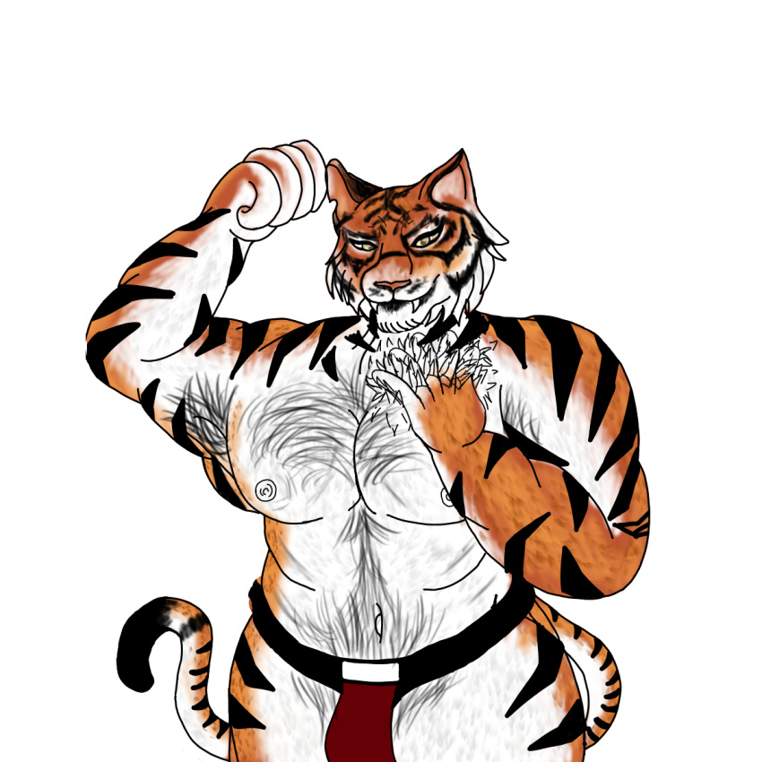 anthro armpit_hair body_hair chest_hair clothing epic_games felid flexing flexing_bicep fortnite fur hi_res jim0 jockstrap male mammal oscar_(fortnite) pantherine pec_grab pubes solo stripes tiger underwear