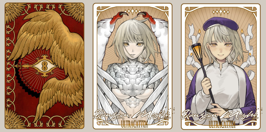 1girl artist_name body_fur breasts brown_background candle card_(medium) chimera closed_mouth commentary copyright_name dragon_wings dungeon_meshi english_commentary expressionless eye_symbol falin_thorden feathered_wings grey_hair hand_up hat highres holding holding_staff long_sleeves looking_at_viewer monster_girl multiple_views nude purple_headwear sash shirt short_hair slit_pupils smile spoilers staff ultracat underboob unusually_open_eyes upper_body white_shirt white_wings wings yellow_eyes