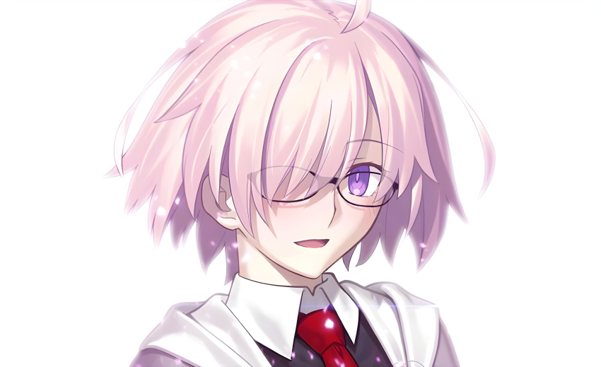 1girl absurdres fate/grand_order fate_(series) game_cg glasses highres hood hoodie mash_kyrielight necktie official_art pink_hair purple_eyes short_hair smile solo takeuchi_takashi