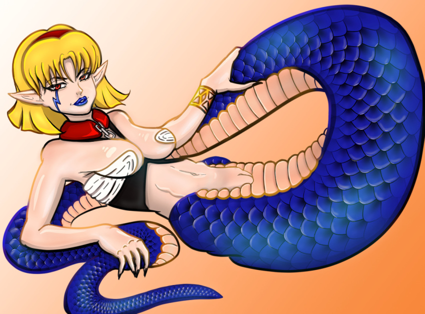 1girl blonde_hair blue_lips blue_scales collar drawfag facial_mark full_body lamia looking_at_viewer lunar lunar:_the_silver_star monster_girl non-web_source orange_eyes pointy_ears pussy reclining royce_(lunar) snake_tail solo tail