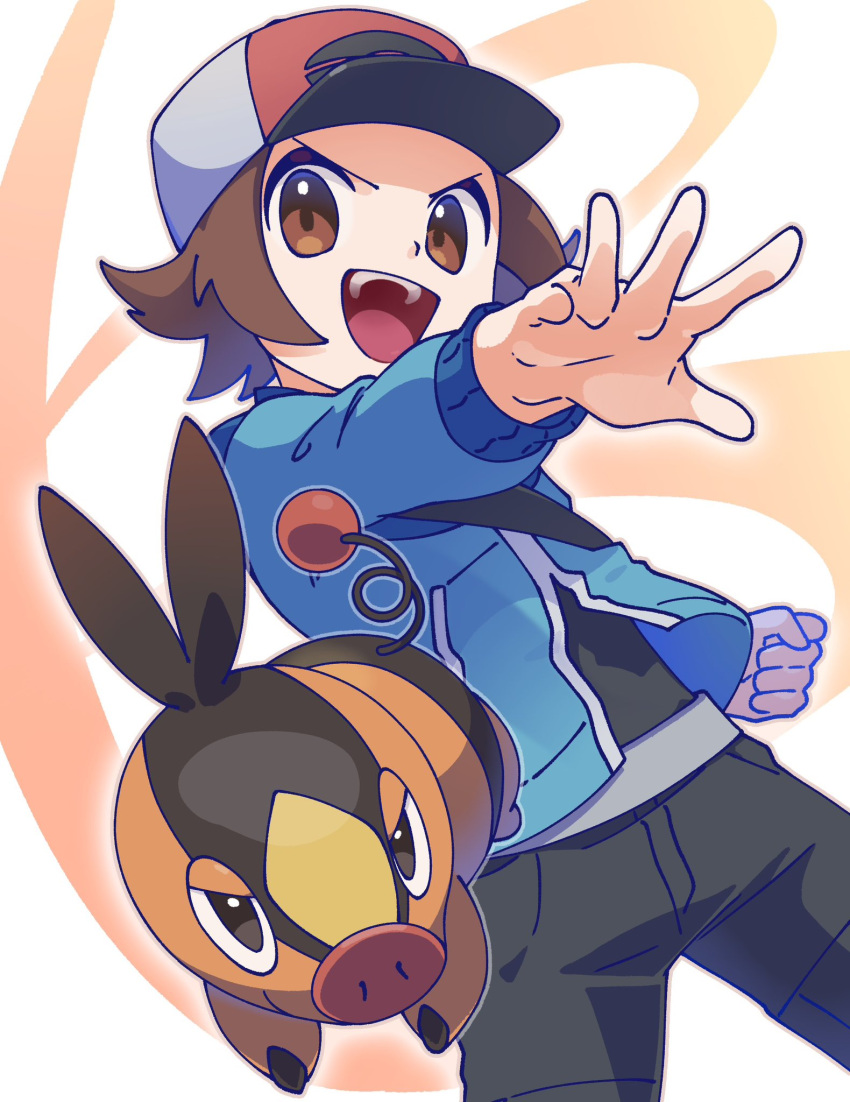 1boy baseball_cap black_eyes black_pants brown_background brown_eyes brown_hair commentary_request cowboy_shot hat highres hilbert_(pokemon) omochi_(omotimotittona3) open_mouth outstretched_arm pants pig poke_ball_print pokemon pokemon_(creature) pokemon_bw short_hair smile snout tail teeth tepig two-tone_background upper_teeth_only white_background