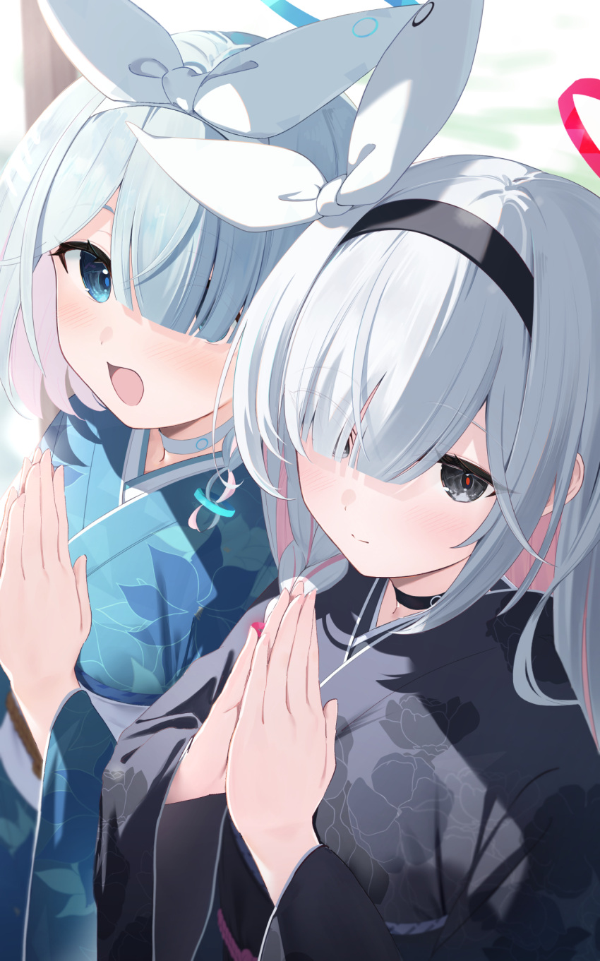 2girls arona_(blue_archive) black_hairband black_kimono blue_archive blue_hair blue_halo blue_kimono closed_mouth colored_inner_hair commentary grey_hair hair_over_one_eye hairband halo hatsumoude highres japanese_clothes kimono long_hair long_sleeves multicolored_hair multiple_girls nokke_o obi open_mouth pink_hair plana_(blue_archive) red_halo sash short_hair smile wide_sleeves